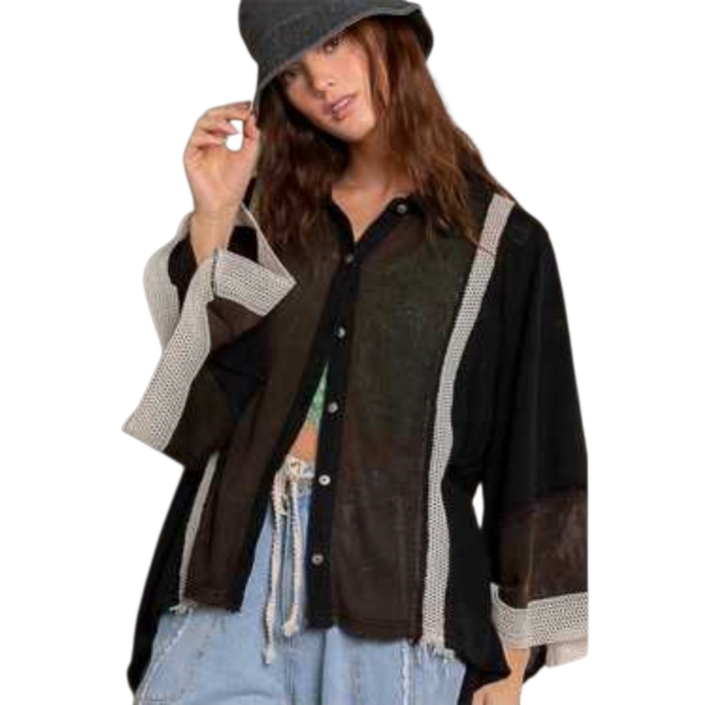 POL Sheer Contrast Panel Button Front Boho Crop Top Black Brown Raw Edge Small